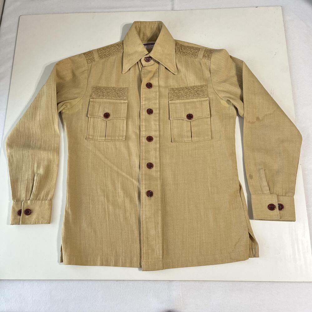 Vintage Lew Magram Shirt Mens Large 1970s Linen Button Up Embroidered Safari 70s